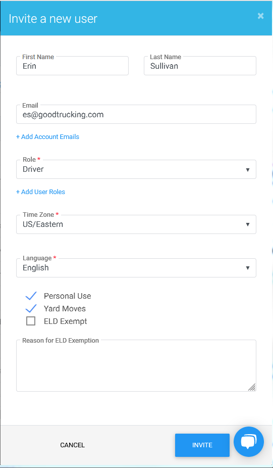 Driver permissions Personal Use, Yard Move, and ELD Exempt